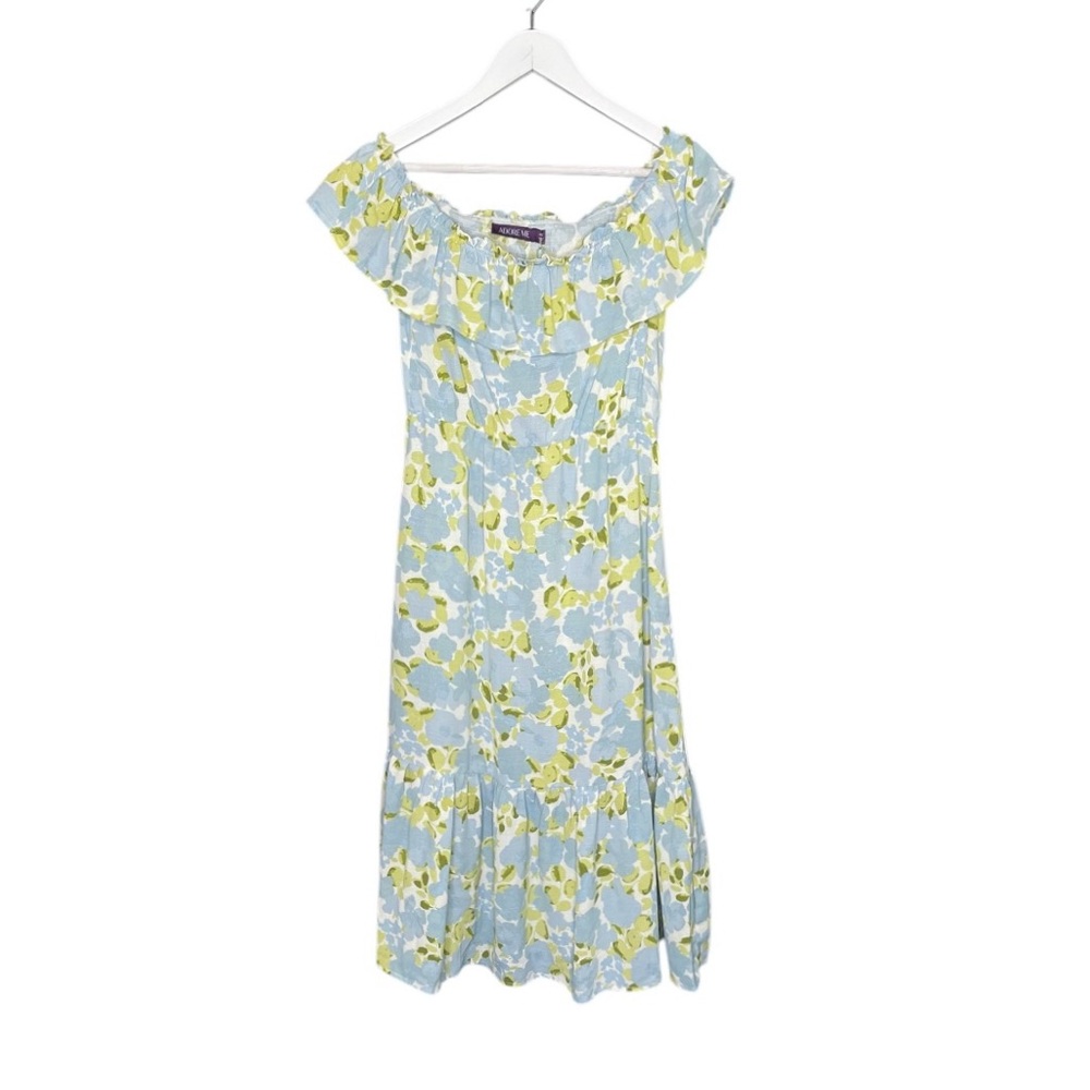 Adore Me Celine Dress Off Shoulder Midi Length Ruffle Hem Blue Floral‎ NWT